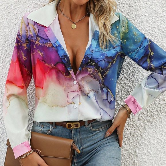 Multicolor Casual Womens Marble Print Button Front Shirt - Picture 3 of 5